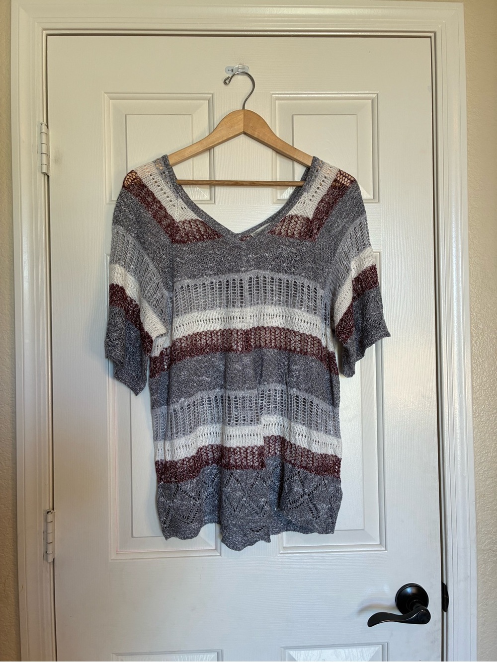 Cato Striped Open-Knit V-Neck Short Sleeve Top - Gray, White & Rust